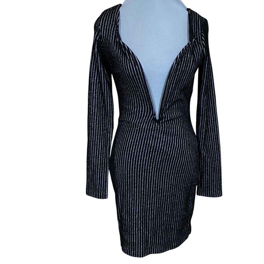 Blanc NEW Black Silver Metallic Pinstripe Deep V-Neck Bodycon Dress Medium
